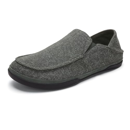 OLUKAI Moloa Hulu Men's Wool-Blend Slippers, Soft & Heathered Knit Slip On Shoes, Suede Leather Foxing, Drop-In Heel Design, Dk Shadow/Dk Shadow, 8