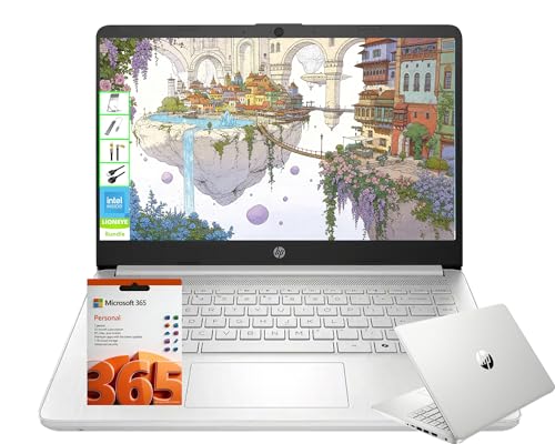 2026 New HP 14 Inch HD Laptop, Intel 4-Core Processor, 128GB UFS Storage, Copilot AI, Ultra-Thin Micro-Edge Portable Notebook, Long-Lasting Battery, Windows 11, 1-Year Microsoft 365, Silver, LE Bundle
