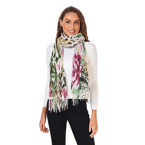 OTVEE Scarves for Women Leopard Print Pink Flower Scarf Soft Shawl Wrap Winter Scarf with Tassels2