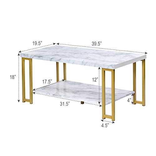 Nafort 2-Tier White Marble Coffee Table, Rectangular Faux Marble Coffee Table With Storage Shelf, Sturdy Gold-Finished Metal Frame, Modern Design, Cocktail Table For Living Room And Bedroom #TOP5