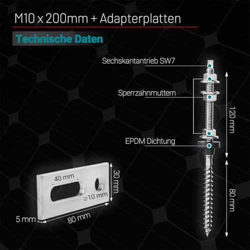 VOOXA 4 Stück Stockschrauben M10 x 200mm + Adapterplatten, vormontiert, Edelstahl V2A A2, höhenverstellbar, für Photovoltaik- Solarbefestigung auf Gebäudedächer