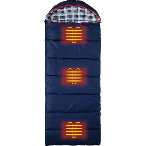 REDCAMP Cotton Flannel Heated Sleeping Bag, Cold Weather & Warm and Comfortable Sleeping Bags with Hood, Blue Plaid with 4lbs Filling