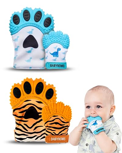 Image of BabyNoms ® Teething Mitten 2-Pack Bundle | Dino Blue & Tiger Orange Teether Paws
