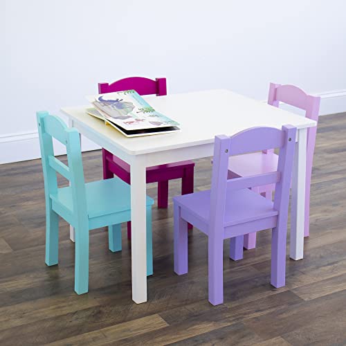 Image of Humble Crew Kids Table and Chair Set, Toddler Activity Table with 4 Chairs for Play, Crafts, Snacks & Learning, Wooden Kids Furniture for Playroom & Bedroom, White /Pink /Purple /Aqua