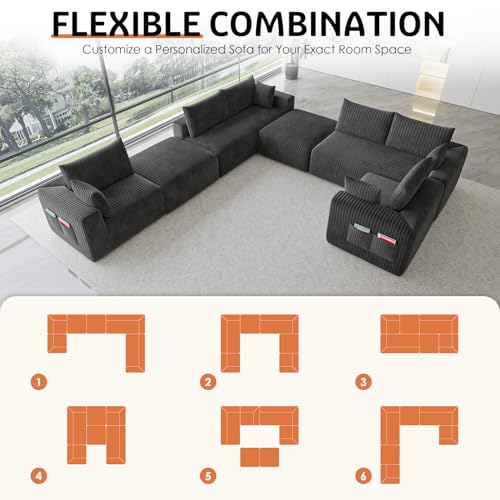 Image of 146 inch Boneless Couch Modular Sectional Sofa for Living Room, U-Shaped Cloud Couch with Deep Seat Chaise, No Assembly Required Foam Sleeper Sofa, Plush Corduroy Fabric, Dark Gray