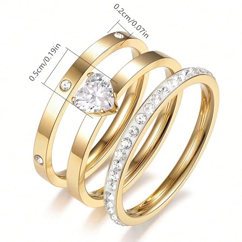 DwearBeauty Rings for Women, Gold Rings with Heart Cubic Zirconia Ring 3 in 1 Set 18K Gold Plated Stainless Steel Stackable Rings for Women Size 7 by DwearBeauty - Used condition - Image 2