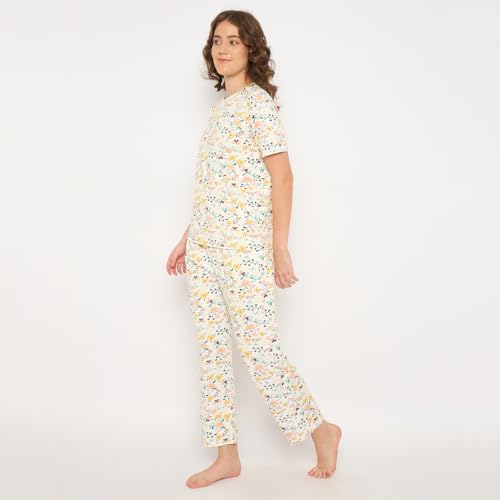 Image of CAMEY Women's Printed Pyjama Set, Short Sleeve T-Shirt and Trousers, Women Nightsuit, Loungewear Sets