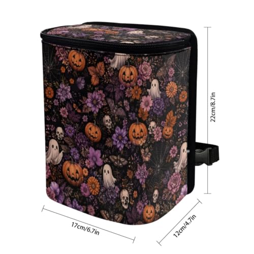 Image of Talayituse Ghost Pumpkin Skull Flower Print Car Trash Can with Lid, Leak Proof Auto Trash Bag Hanging Vehicle Garbage Can Multipurpose Storage Container for Back Seat Road Trip Halloween Decor