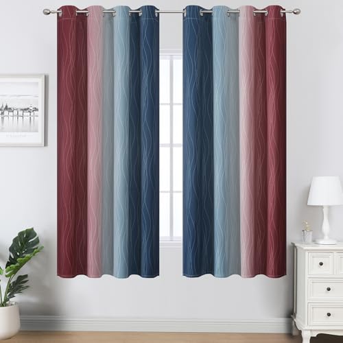 Image of Estelar Textiler Navy Blue and Burgundy Red Blackout Ombre Curtains for Bedroom 63 Inches Long, Gradient Light Blocking Thermal Insulated Grommet Drapes for Living Room,52Wx63L,2 Panels
