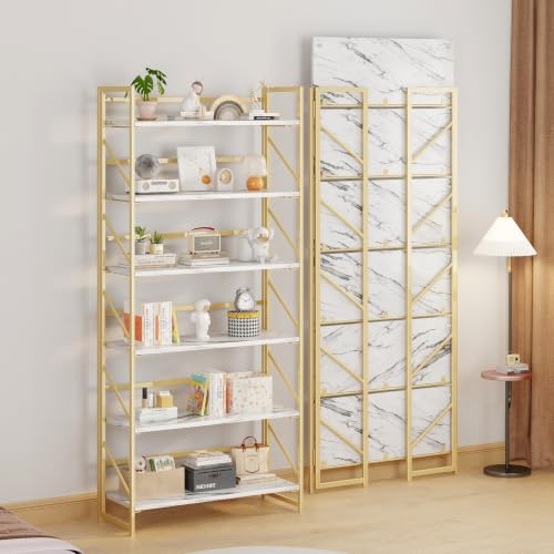 Image of JSB 6 Tier No Assembly Folding Bookshelf, 30.7 inch Wide Foldable Storage Bookcase for Home Office, Space-Saving Storage Shelf for Living Room (White&Gold)