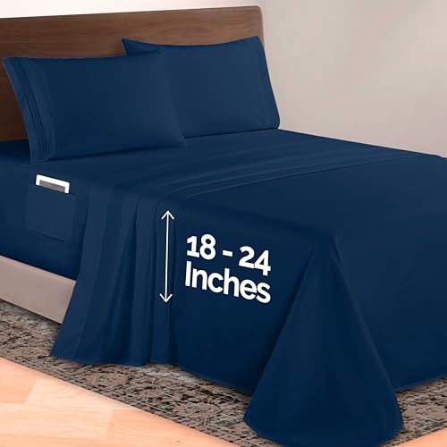 Image of Elegant Comfort Luxurious 1500 Premium Hotel Quality Microfiber 4-Piece Sheet Set, 18-24 Inches Deep - Extra Deep Pocket Sheets - Ultra Soft 4PC Deep Pocket Sheets, Twin /Twin XL, Navy Blue