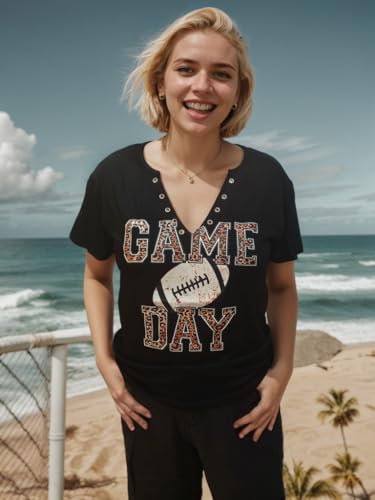 Game Day Football T Shirt for Women Football Season Graphic Shirt Game Day V-Neck Shirt Funny Sunday Tee Top3