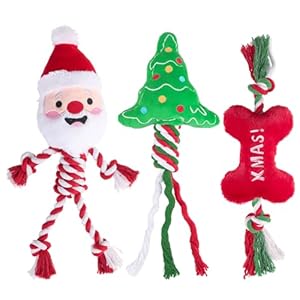 PUPTECK Christmas Dog Squeaky Chew Toys – 3 PCS Funny Santa Plush Stuffed Toys for Puppy Pet Tugging Playing