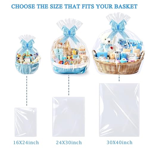 Image of PigPotParty Cellophane Bags for Gift Baskets, 24x30 in, 10 Pack, Blue Bows