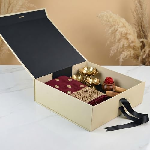 Image of RBS - LARGE Gift Box (34 x 33 x 10cm) Gift Box for Packaging (1 Pack) Hamper Box for Gift Holds Upto 10 kg Gift Packing Box Gift Boxes for Return Gifting Hamper Box (Ivory Crest Black Ribbon)