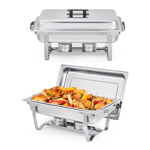 Garvee Chafing Dishes for Buffet Set of 2, 8QT Buffet Servers and Warmers Set with Lid & Foldable Frame, Rectangular Stainless Steel Chafer Food Warme