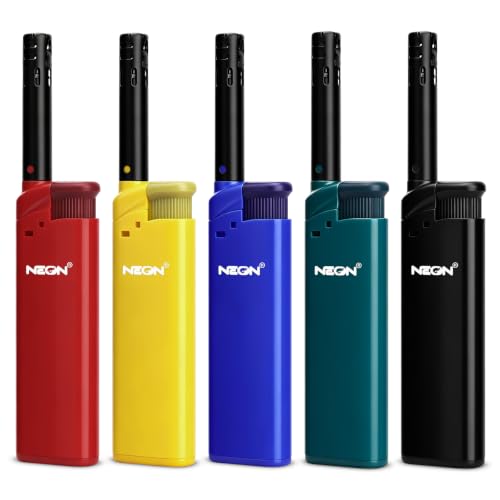 NEON Candle Lighter, Butane Refillable Wind-Resistant Flame, Ultimate Long Neck Lighter for BBQ, Camping, DIY, 5-Pack