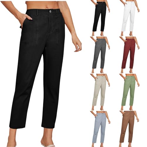 Cropped Work Pants Women High Waisted Business Casual Dress Pants Straight Ankle Length Tapered Trousers w/Pockets