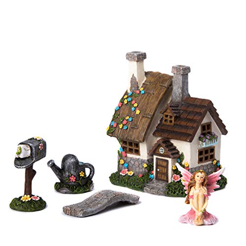 Fairy Garden Set - Solar Fairy House with Miniature Figurine and Accessories - Hand Painted Set of 5 Pcs for Girls, Boys or Adults