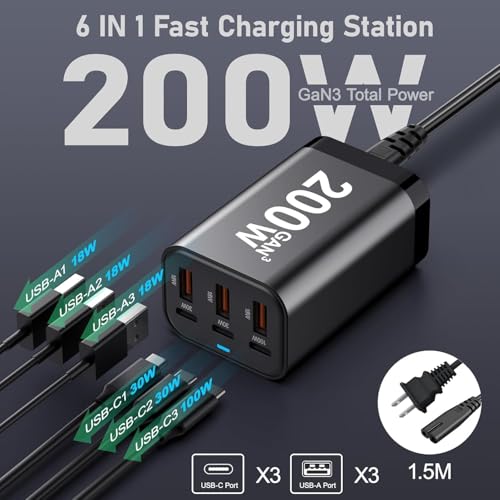 Image of USB C Charger Block 200W Multi Port USB Fast Charging Station Hub GaN PPS PD 100W Type C Wall Charger Power Adapter for Multiple Devices Laptop 1Pad 1Phone 17 Mac /Book Galaxy S26 Android Pi /xel DE /LL