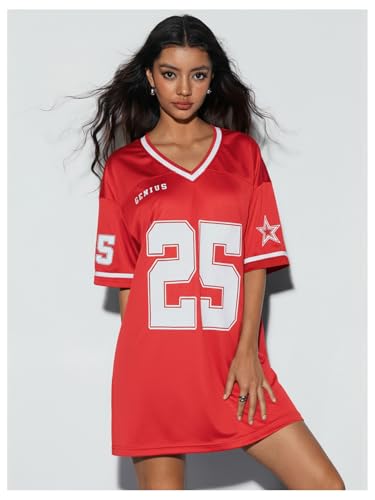 Image of SOLY HUX Women's Y2K Jersey T-Shirt Dress Short Sleeve Oversized Hip Hop Graphic Tee Mini Dresses