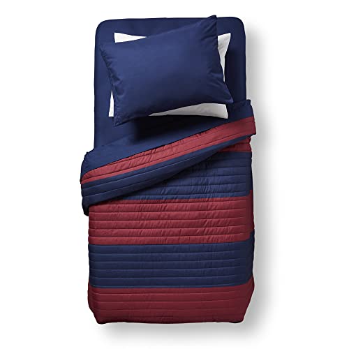 Ocm Comfort Dorm Essentials Value Pack - 19 Piece Twin Xl Set | Twin Xl | Comforter, Sheets, Topper, Towels, Storage & More | Ryan Stripe | Red & Navy Rugby Stripe #TOP3