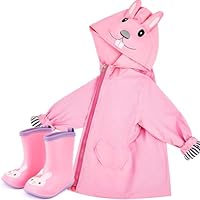 Twistover 2 Pcs Toddler Raincoat Rain Boots Set Kids Baby Cartoon Hoodie Zipper Jacket Short Rain Shoes for Little Boys Girls(2 T,Pink Rabbit)