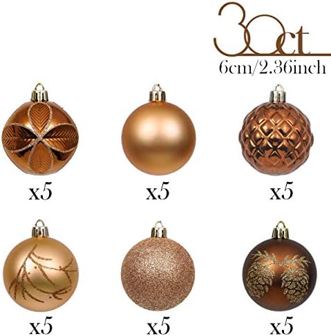 Valery Madelyn 30pcs 6cm Shatterproof Christmas Baubles,Woodland Copper and Gold Christmas Ball Ornaments for Christmas Tree Decorations