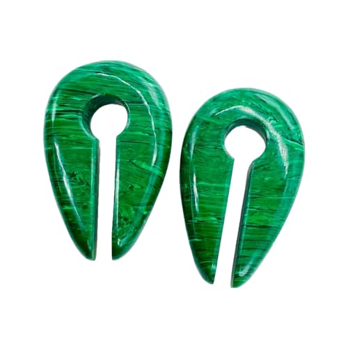 Handmade Green Malachite Stone Tribal Ear Weights | Keyhole Hangers for Stretched Lobes | Stone Body Piercing Jewelry | Hand-Carved Ear Stretching Weights (Pair) (6 mm (2 g))