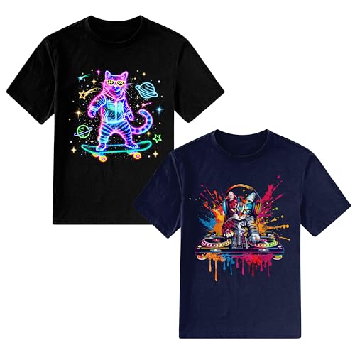 Boys Kids 2-Pack Neon T Shirt Size 8Y Cat DJ Skateboard Graphic T-Shirts Short Sleeve Crew Neck Soft Cotton Blend Casual Tee Shirt 7-8 Years