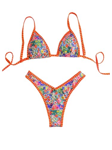 WDIRARA Women's 2 Piece Tropical Floral Bikini Set High Cut Thong Swimsuit Boho String Bathing Suit