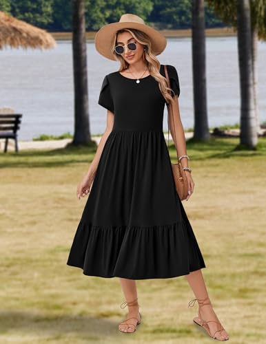 Image of Zeagoo Women Summer Midi A Line Dress Short Sleeve Casual Flowy Tiered Beach Long Sundress with Pockets 2026 Vacation Travel