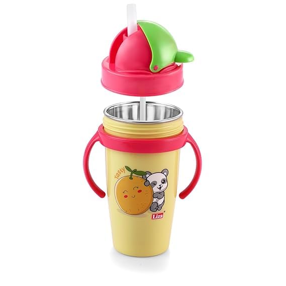 Zerya Hot & Cold Insulated Stainless Steel 360ml BPA-Free Cute Animal Design Baby Sipper Kids Water Bottle with Straw and Side Handle for Kids (Yellow)