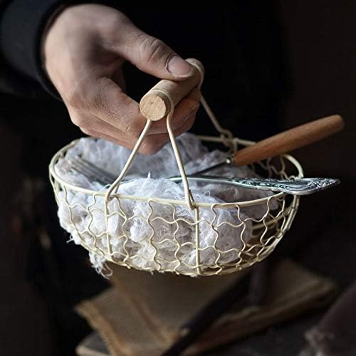 Wooden Handle Metal Retro Basket Portable Multi-Function Vegetable Fruit Egg Groceries Practical Storage Basket Organizer White