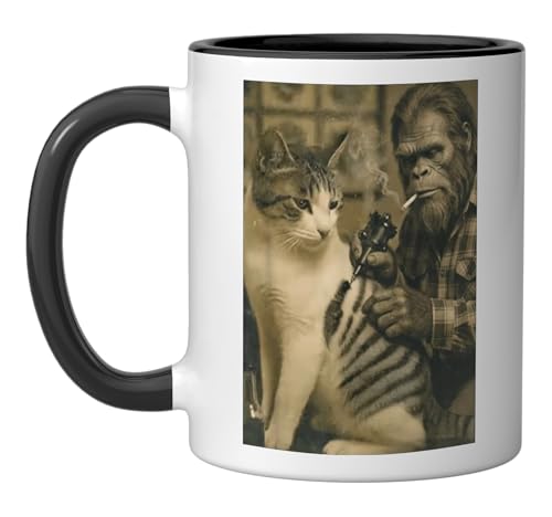 Taza cerámica vintage con diseño de gato tatuado y Bigfoot miniatura 1