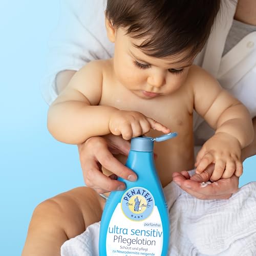 PENATEN Ultra Sensitiv Pflegelotion parfümfrei 400ml, ohne Farbstoffe formulierte Baby Bodylotion für die Pflege zu Neurodermitis neigender Babyhaut, Körperlotion speziell für Neugeborene entwickelt 6