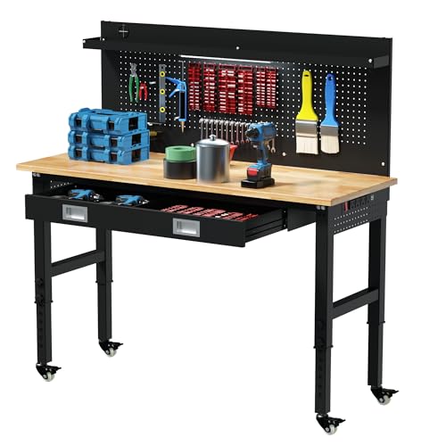 Betterhood 60" Heavy Duty Adjustable Workbench with Large Pegboard & LED Light, Adjustable Work Table with Power Outlets & Lockable Wheels, Rubber Wood Workstation for Garage, Workshop, Office, Home
