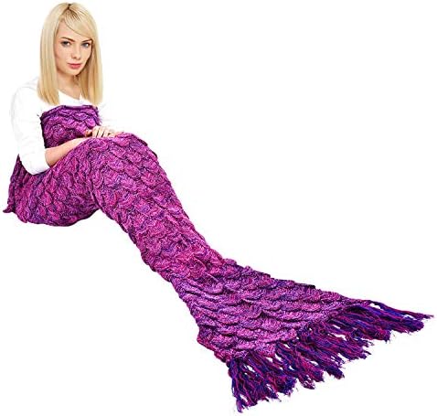 yashidali Wearable Mermaid Tail Blanket, Fish-Scales Pattern with Tassel, All Seasons Warm Knitted Bed Blanket Sofa Quilt Living Room Sleeping Bag for Adults, 70.9" x 35.5" (180 x 90cm), Wine