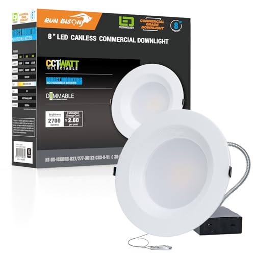 Run Bison 8 Inch Recessed LED Commercial Downlight with J-Box, Wattage Adjustable 16/21/27W,3 Color Selectable 3000K-5000K, 120-277V,0-10V Dimmable, IC Rated,Canless LED Downlight - 1 Pack