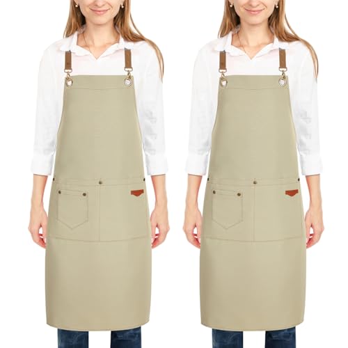 2 Pack Kitchen Cooking Aprons, Adjustable Bib Soft Chef Apron with 2 Pockets for Men Women (Beige)