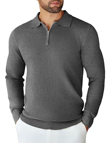 COOFANDY Men's 1/4 Zip Polo Knit Sweater Long Sleeve Jumper Polo Shirts Casual Pullover Winter Top Medium Grey M