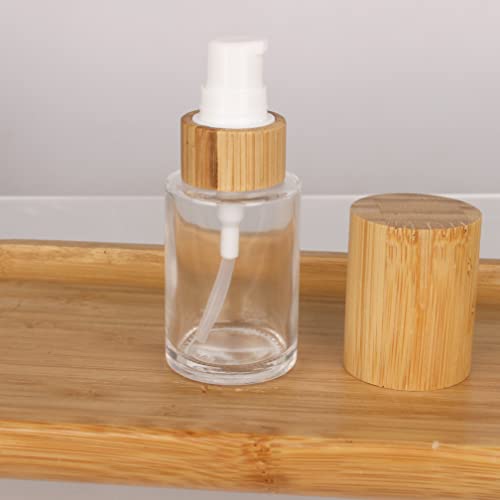 COSIDEA 6 pcs Empty 1oz / 30ml bamboo lids clear glass bottle with lotion pump dispenser, refillable emulsion cosmetic cream bottles, toiletries refill travel container3