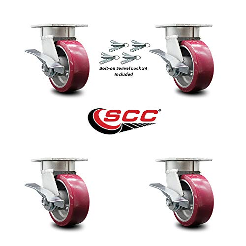 Kingpinless Polyurethane On Aluminum Swivel Top Plate Caster Set Of 4 W/5" X 2" Maroon Wheels - Includes 4 Swivel W/Side Lck Brakes & Bolt On Swivel Locks-3600Lbs Total Capacity - Service Caster Brand #TOP1