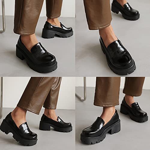 Womens Mary Janes Comfort Loafers Platform Chunky Mid-Heel Classic Round Toe Slip-On Dress Uniform Pumps Brogues Vintage C-Black #TOP3