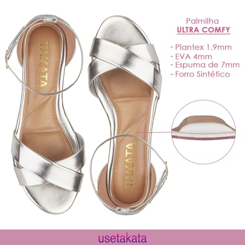 Sandália Feminina Salto Baixo Bloco Casual Metalizado Moda Tiras Cruzada Amarração (Prata, BR, Adult