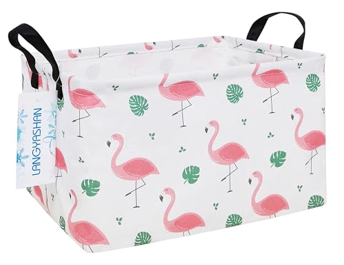 Image of Rectangular Storage Bin Collapse Canvas Fabric Cartoon Storage Basket with Handles for Organizing Home Kitchen Boys and Girls Toys Office Closet Shelf Baskets(Rec Leaf Flamingo)