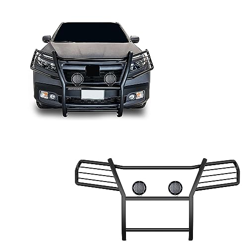 Image of Black Horse Grille brush Bumper Guard Modular Come with Pair of 5.3 inch Dia.LED Lights with Black Trim Rings Compatible with 2016-2019 Honda Ridgeline-17H01MA-PLFB