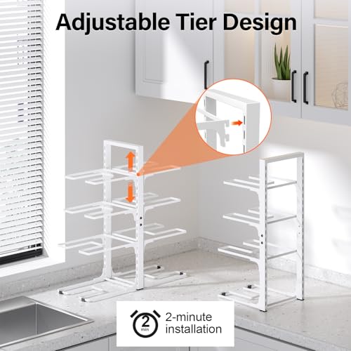 Image of MUDEELA 8-Tier Pots and Pans Organizer under Cabinet, Heavy Duty Adjustable Pot Pan Organizers inside Cabinet, Kitchen Cabinet Organizers and Storage Pot Rack for Big Stockpots, Heavy Cookware, White
