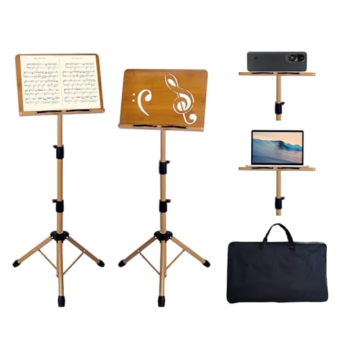 Portable Music Stand - Folding Music & Book Stand with Carrying Bag, Adjustable Height Wooden & Metal Foldable Podium Stand for Sheet Music, Reading, Bible, Laptop, Cookbooks, Projector