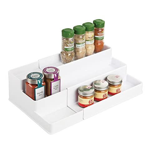mDesign Plastic Adjustable, Expandable 3-Tier Kitchen Cabinet, Pantry, Shelf Organizer/Spice Rack - Storage for Spices, Jars, Seasoning, Baking Supplies, Ligne Collection, White